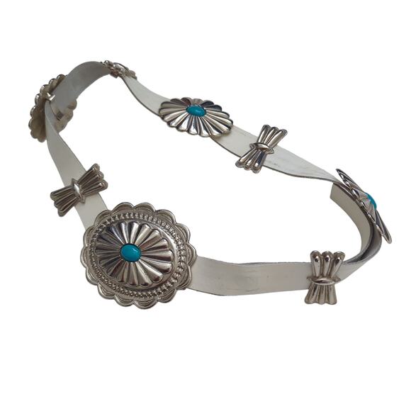 Rare Accessocraft Native American Turquoise Concho Silver Metal Navajo Belt 70s?